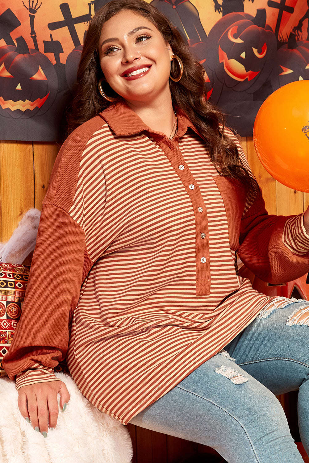 Stripe Textured Patched Plus Size Sweatshirt