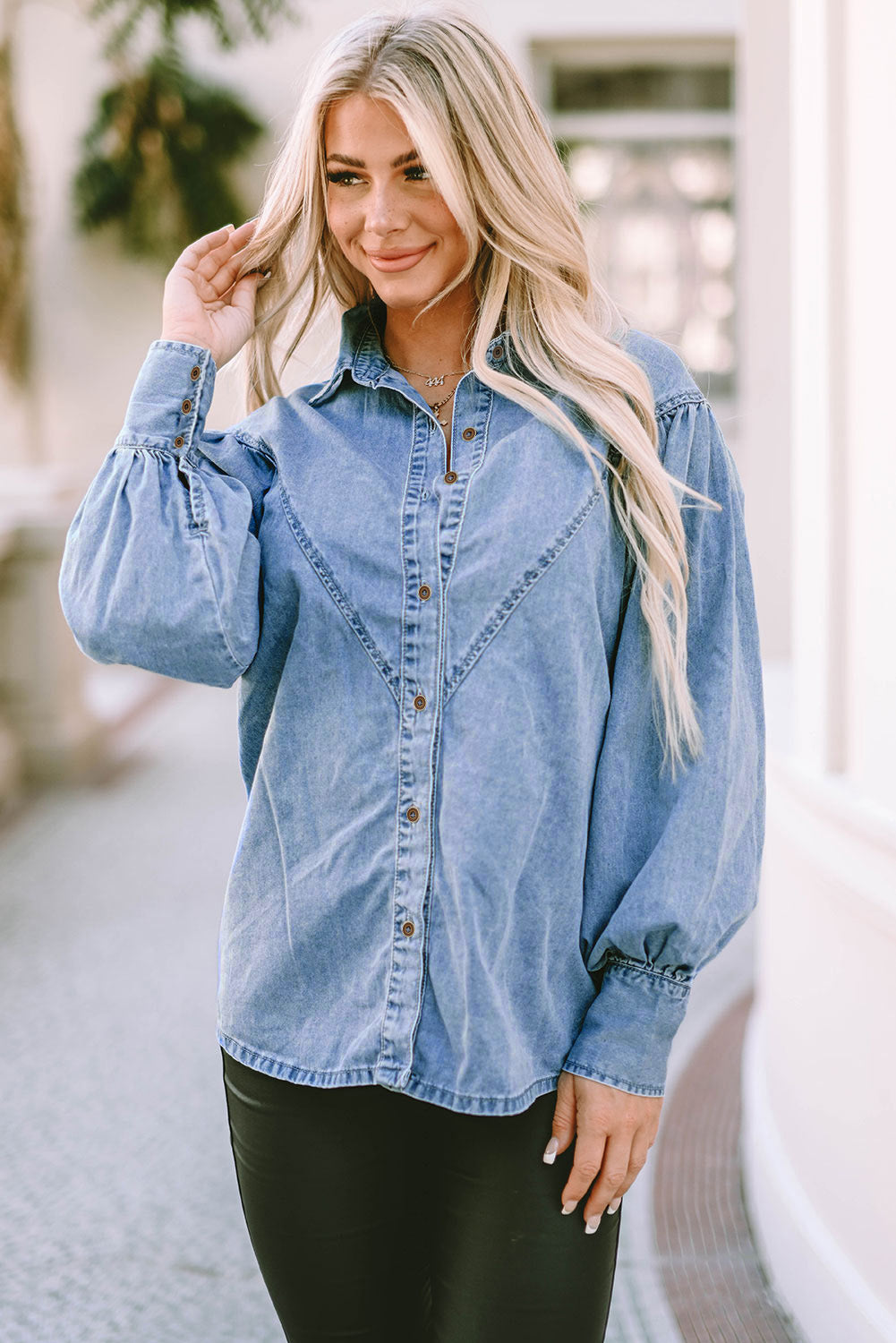 Sky Blue Puff Sleeve Denim Shirt