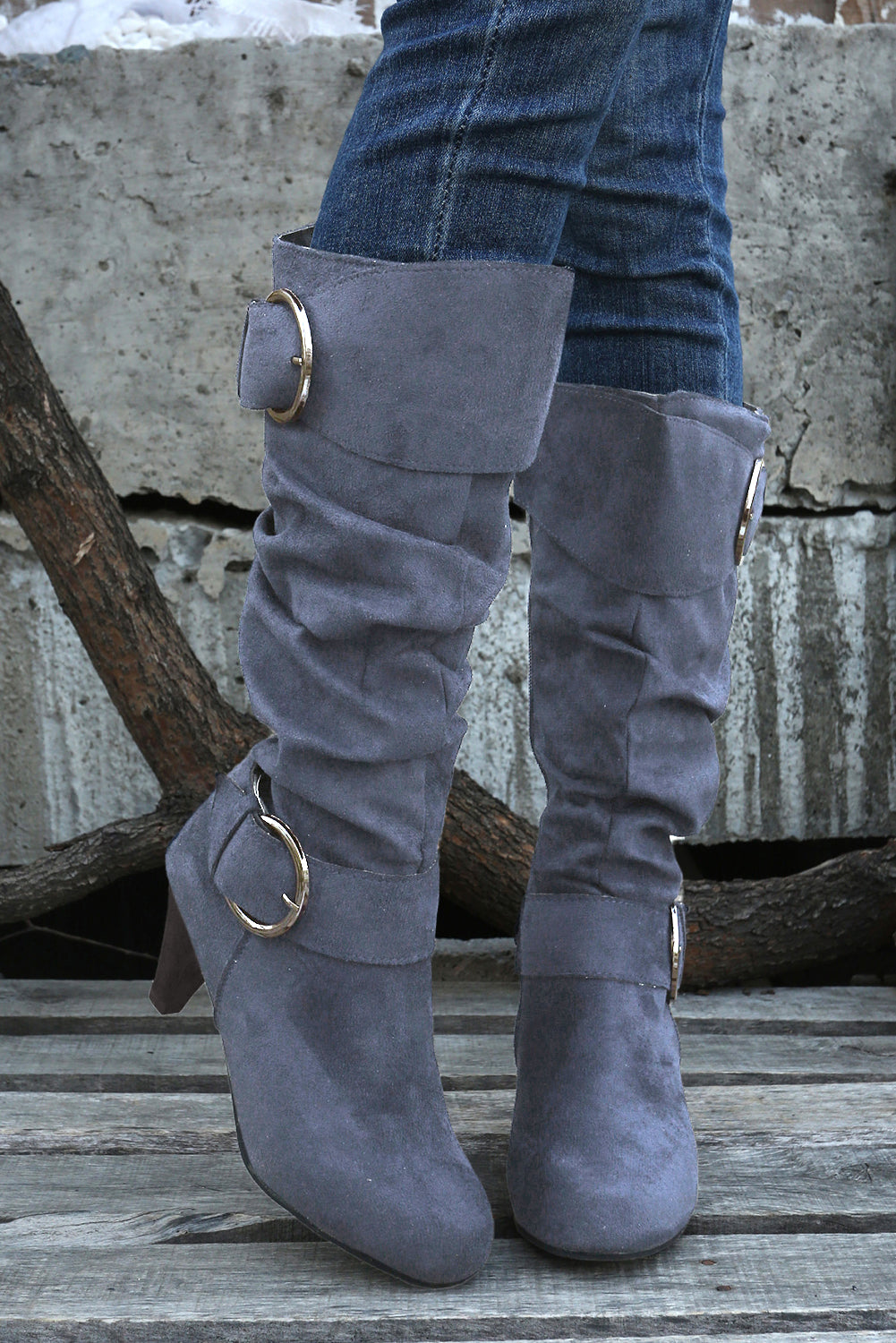 Blue Buckle Strap Heeled Mid Calf Boots