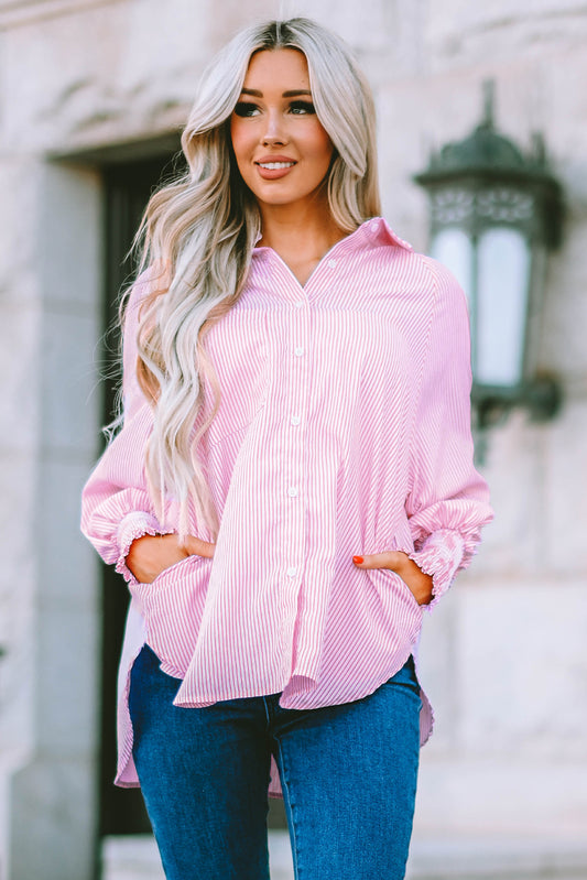 Pink Striped Boyfriend Shirt with Pocket Top