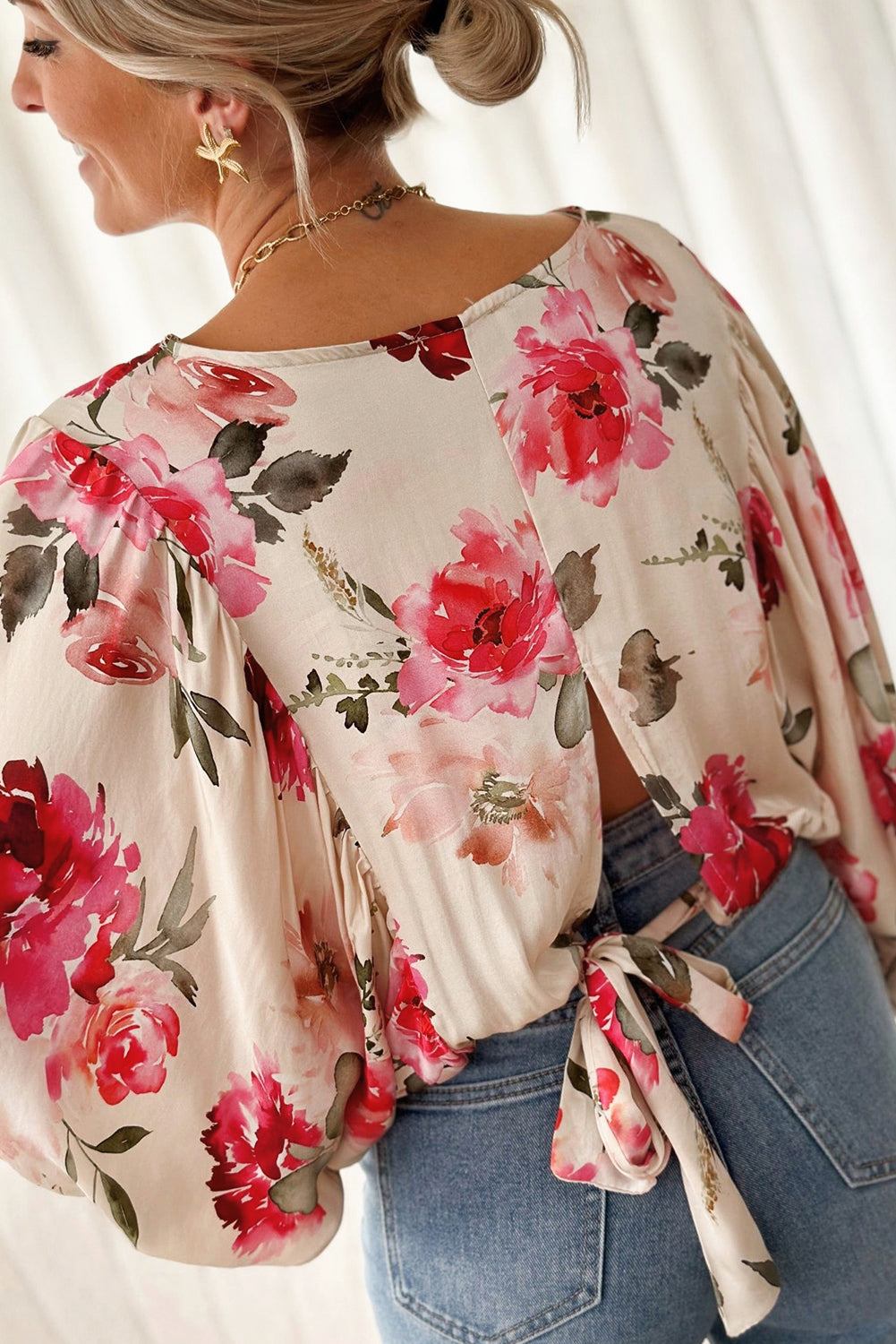 Rose Floral Lace-up Back Top