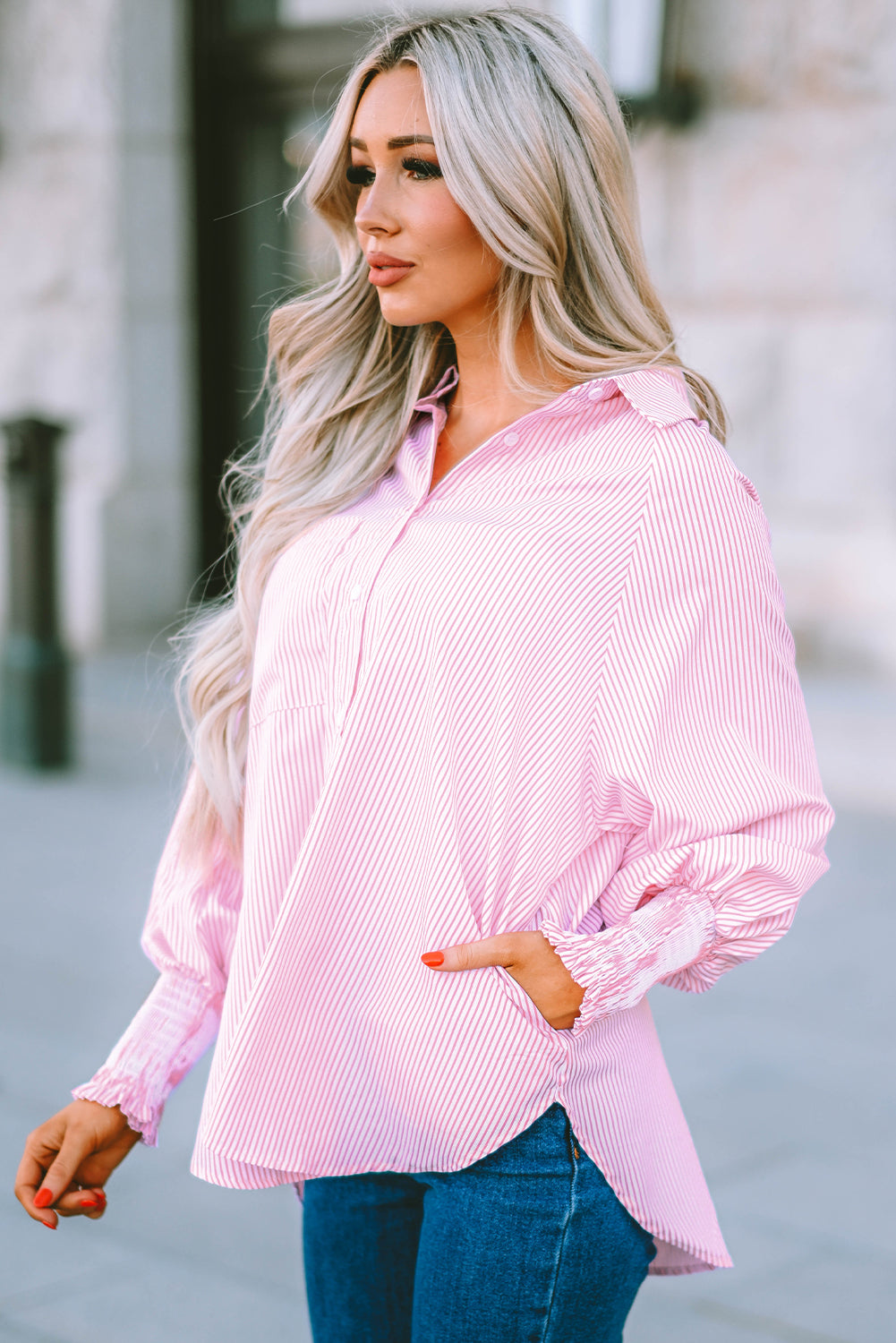 Pink Striped Boyfriend Shirt with Pocket Top