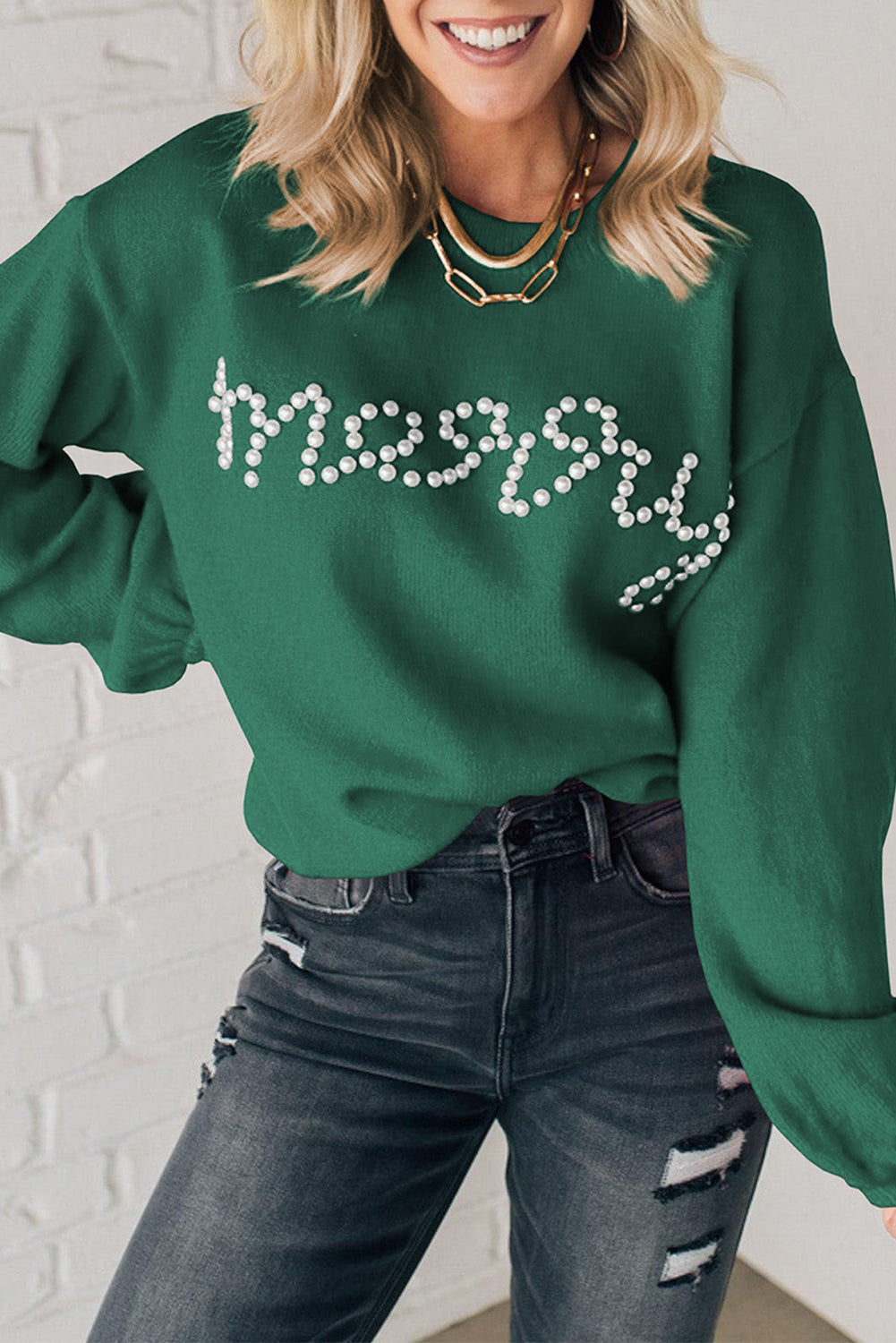 Merry Green Pearl Beaded Sweater