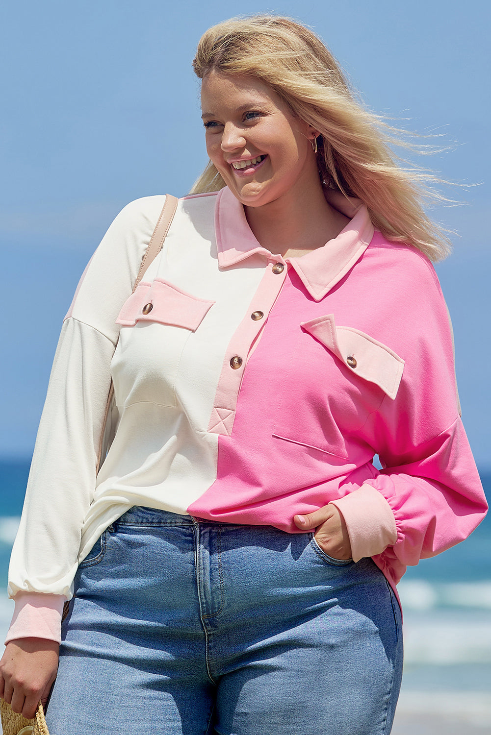 Pink Block Half Button Plus Size Top