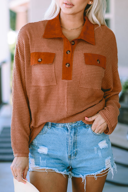 Brown Waffle Knit Button Top