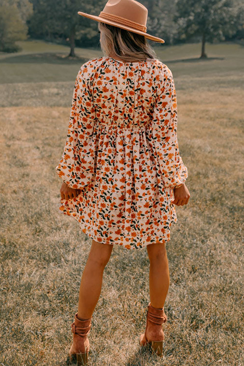 Beige Floral Babydoll Dress