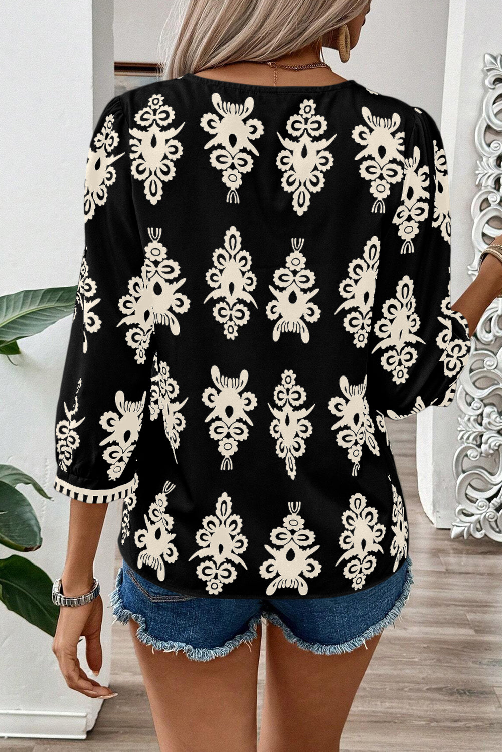 Black Vintage Geometric Printed Top