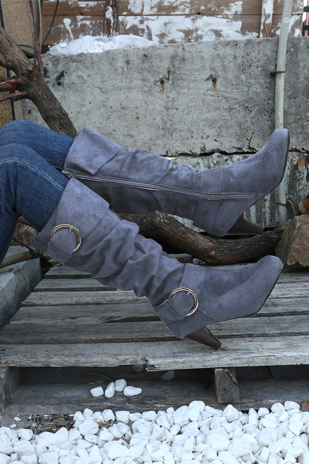 Blue Buckle Strap Heeled Mid Calf Boots