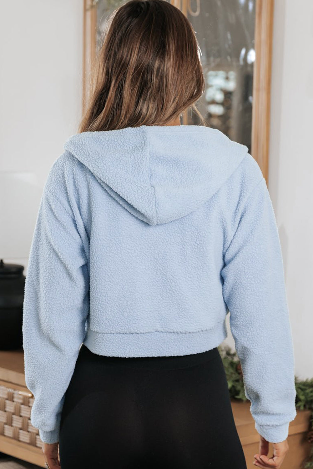 Blue Cropped Sherpa Zip Up Hoodie