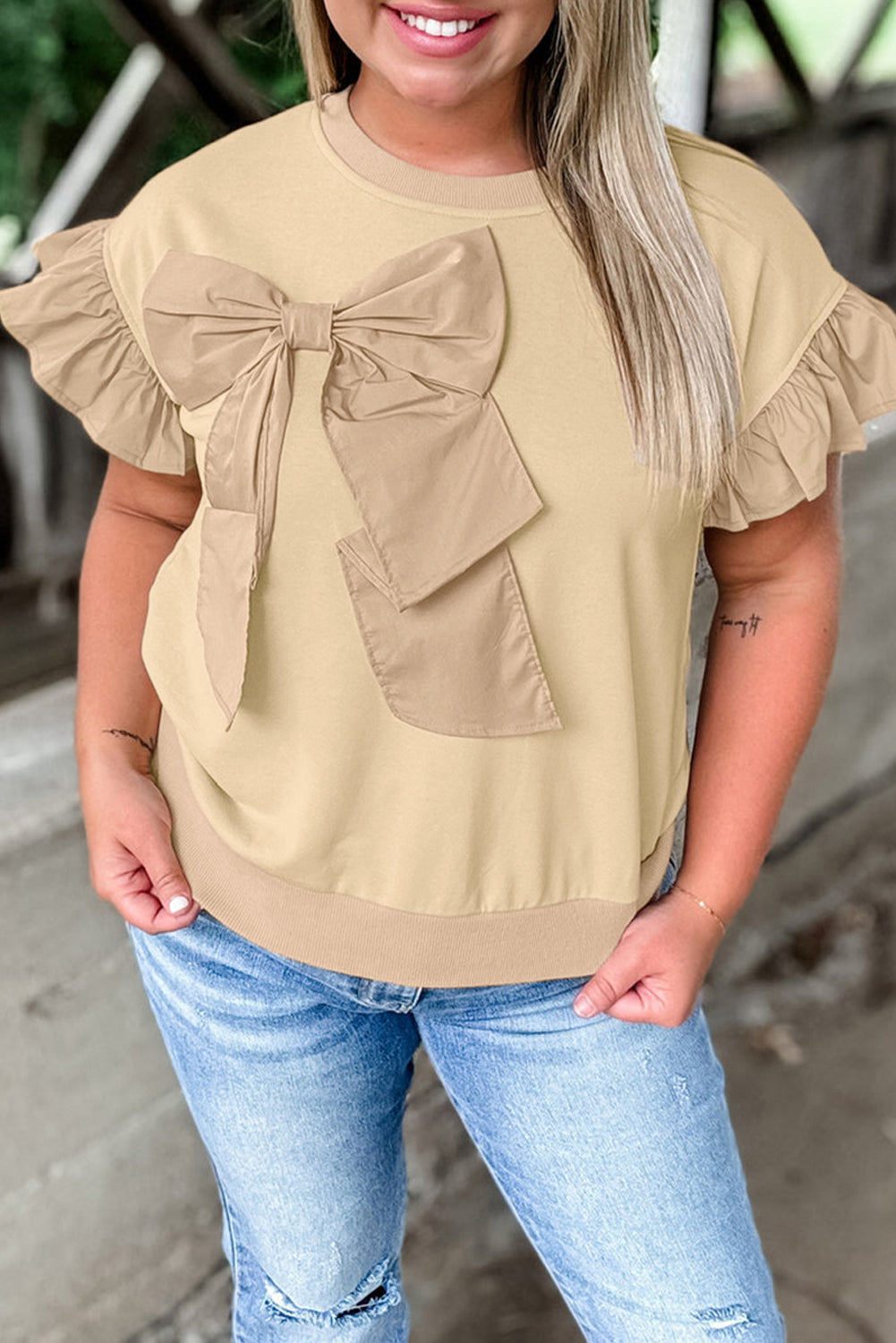 Cream Bowknot Plus Size Top