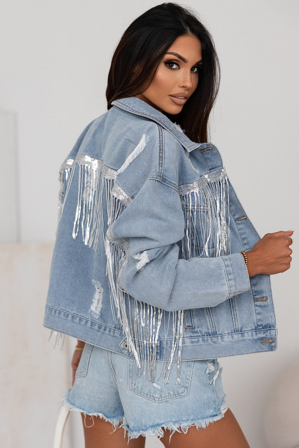 Sequin Embellished Fringe Distressed Denim Jacket