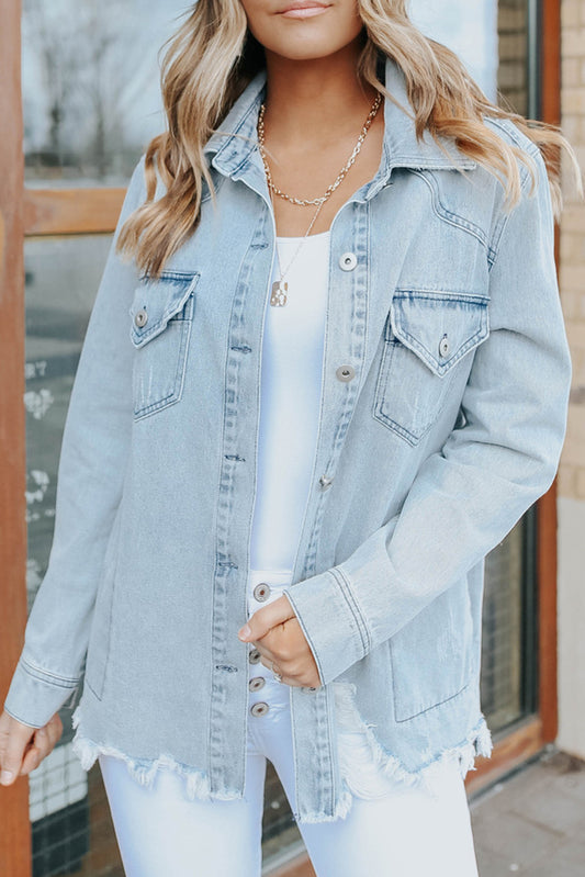 Sky Blue Flap Pocket Buttoned Denim Jacket