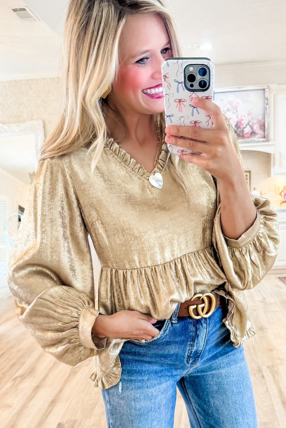 Gold Metallic Frilled Babydoll Blouse