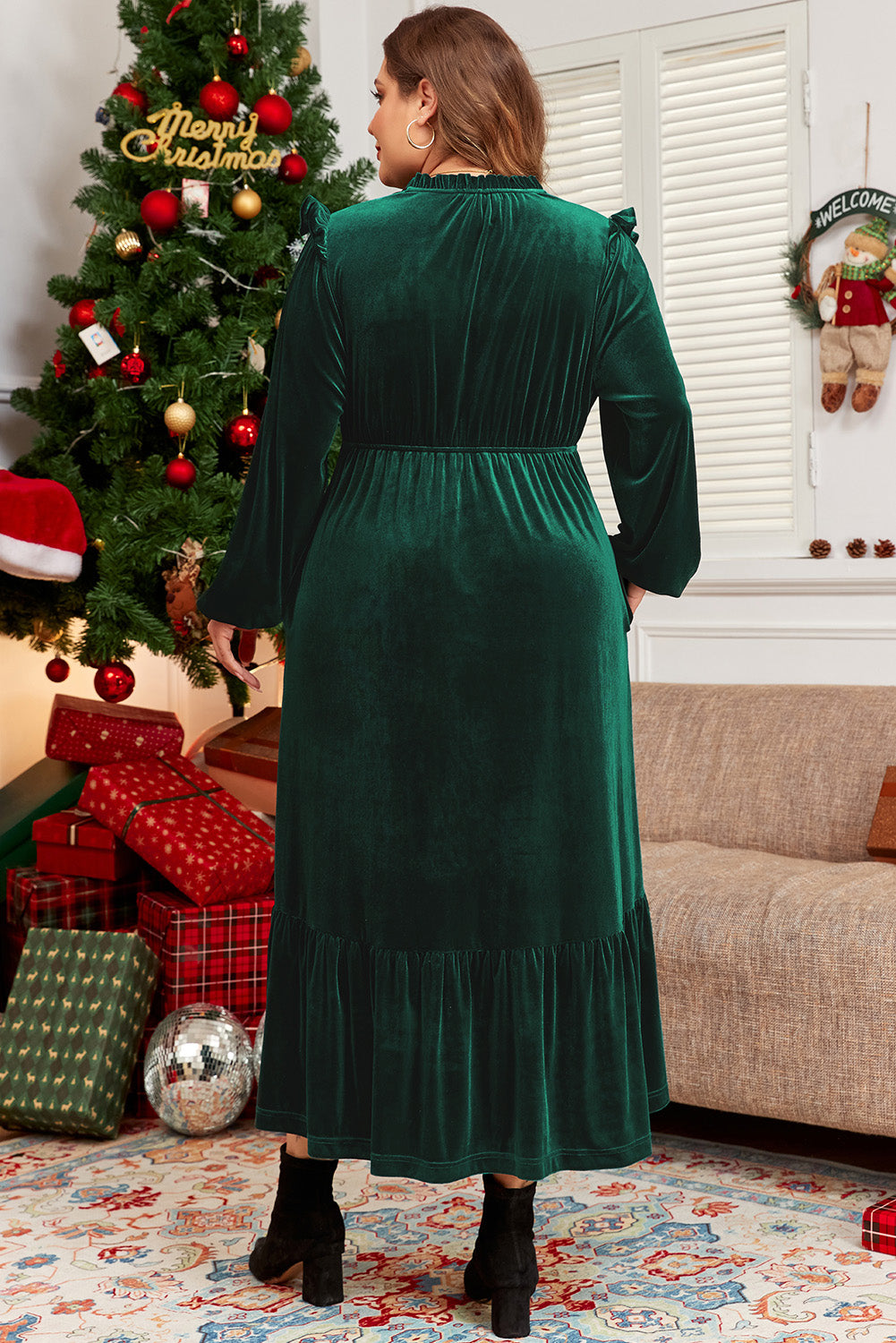 Blackish Green Velvet Plus Size Midi Dress