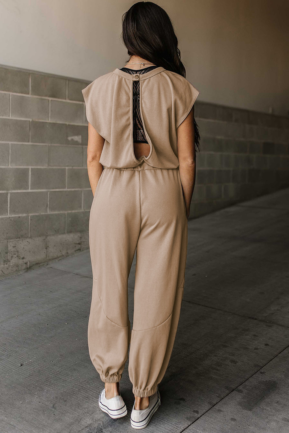 Beige Drawstring Jogger Jumpsuit