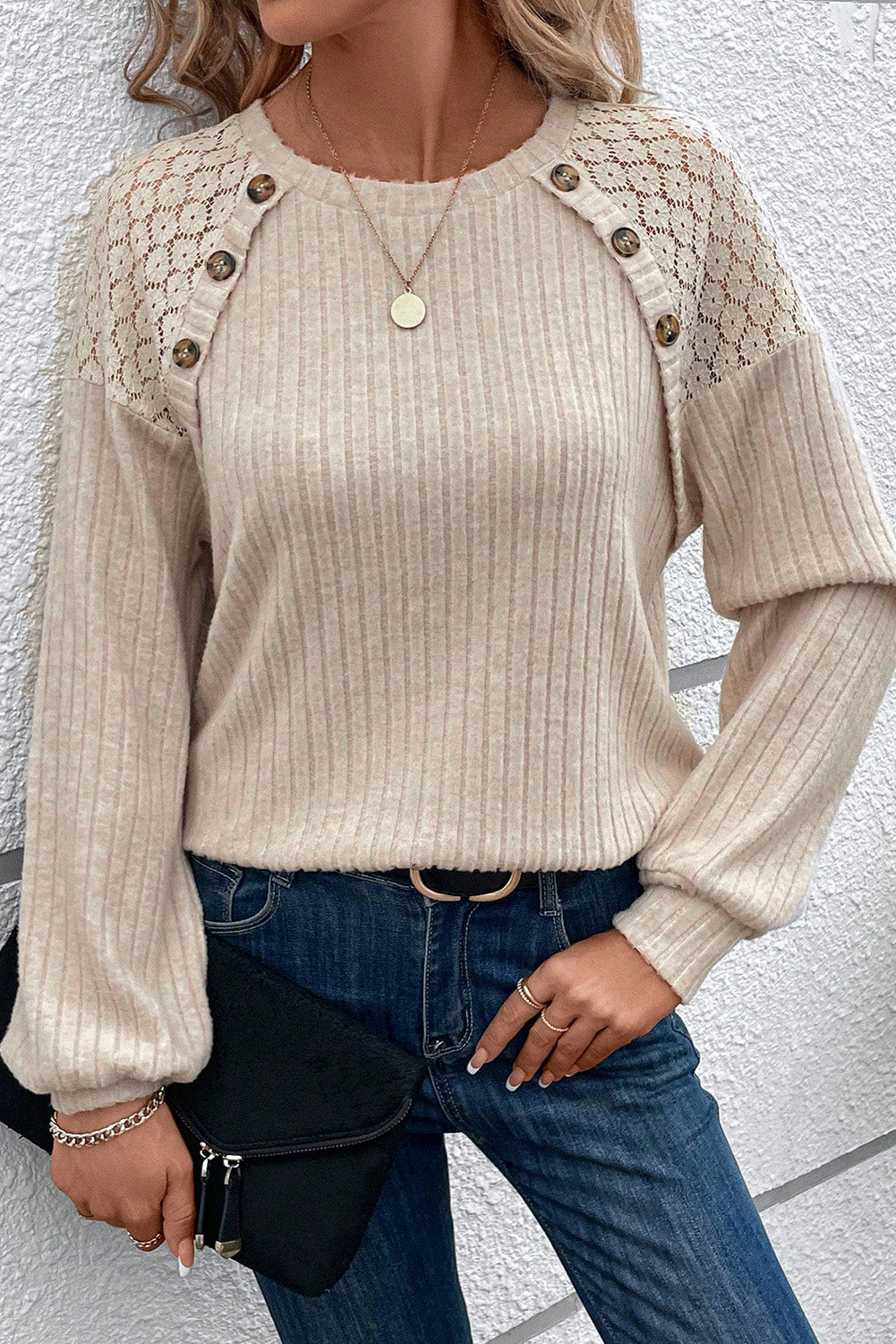 Parchment Lace Raglan Sleeve Buttoned Top