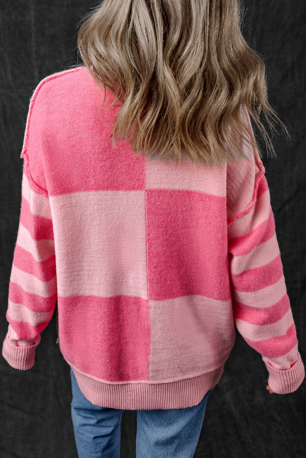 Pink Checkered Colorblock Sweater