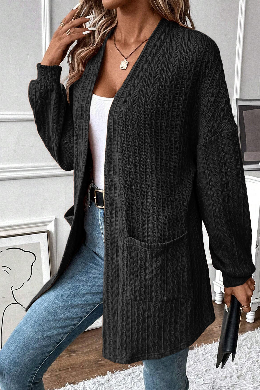 Black Textured Knit Cardigan