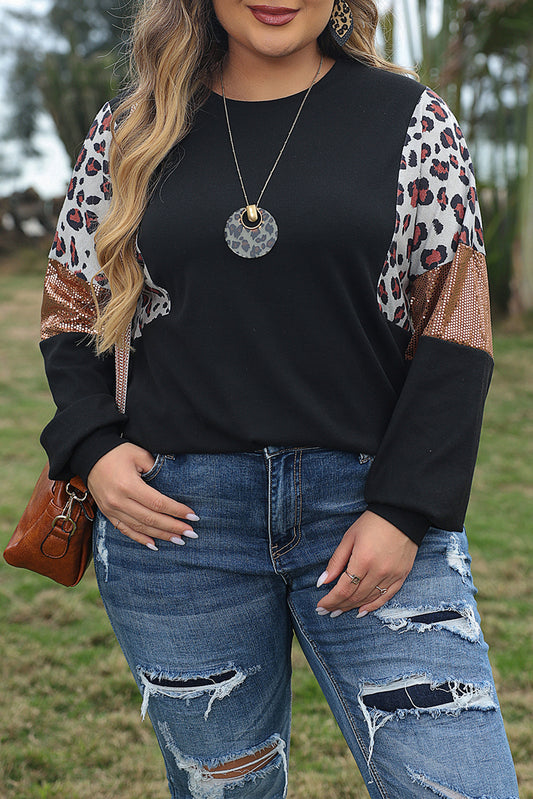 Black Leopard Sequin Plus Size Top