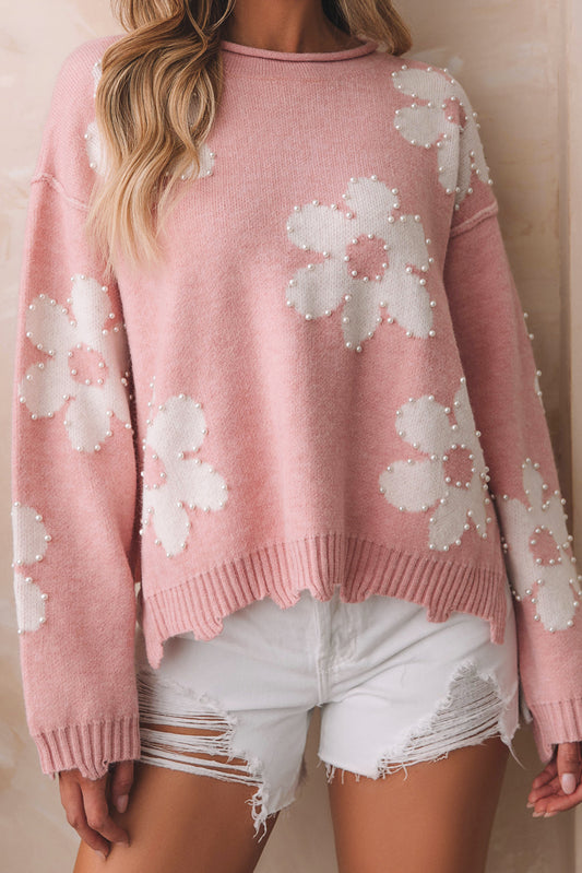 Pink Pearl Beaded Floral Sweater