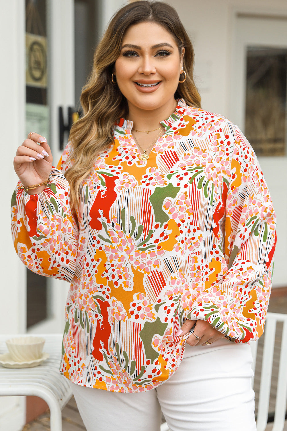 Orange Printed Floral Plus Size Top