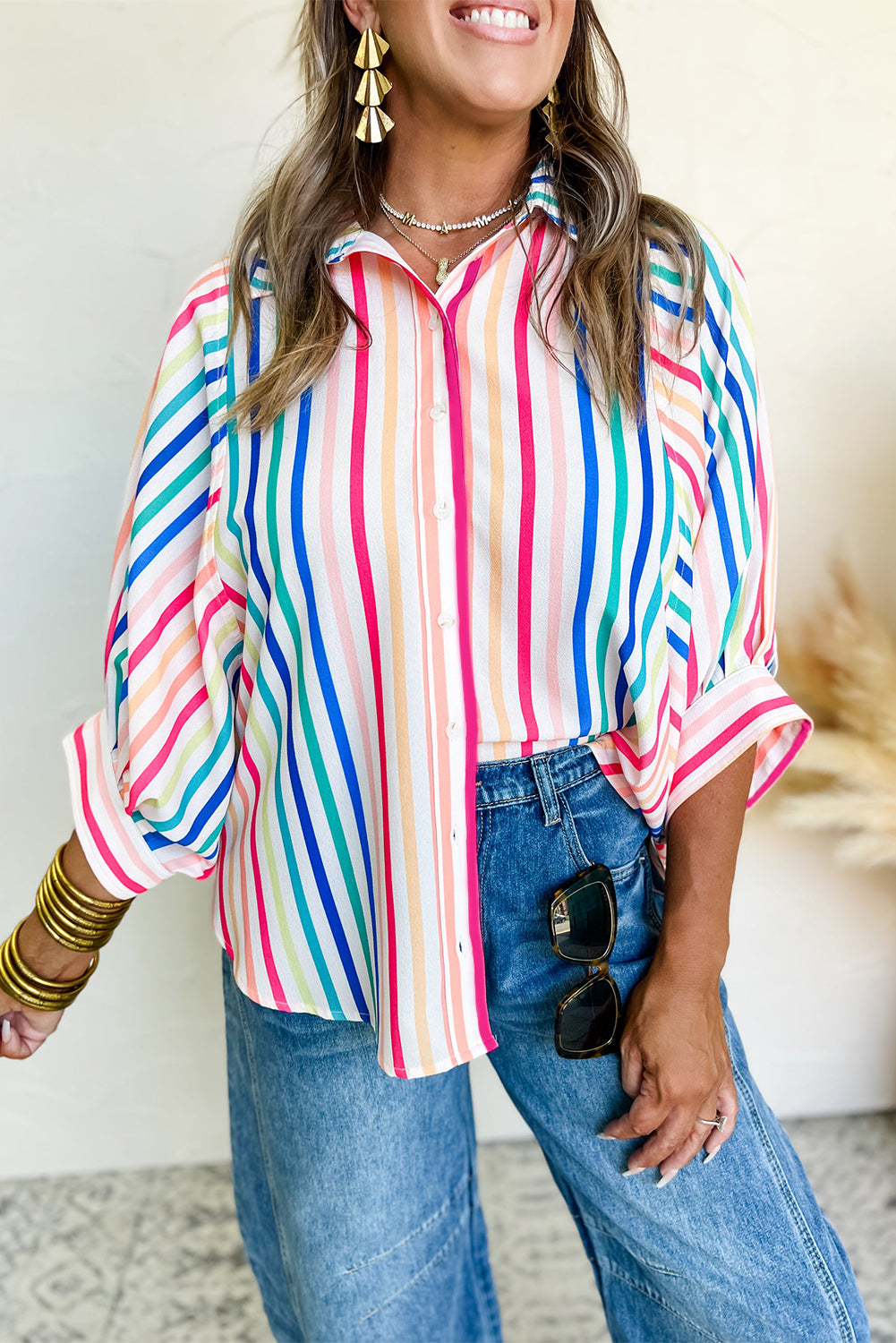 Pink Stripe Button Up Casual Top