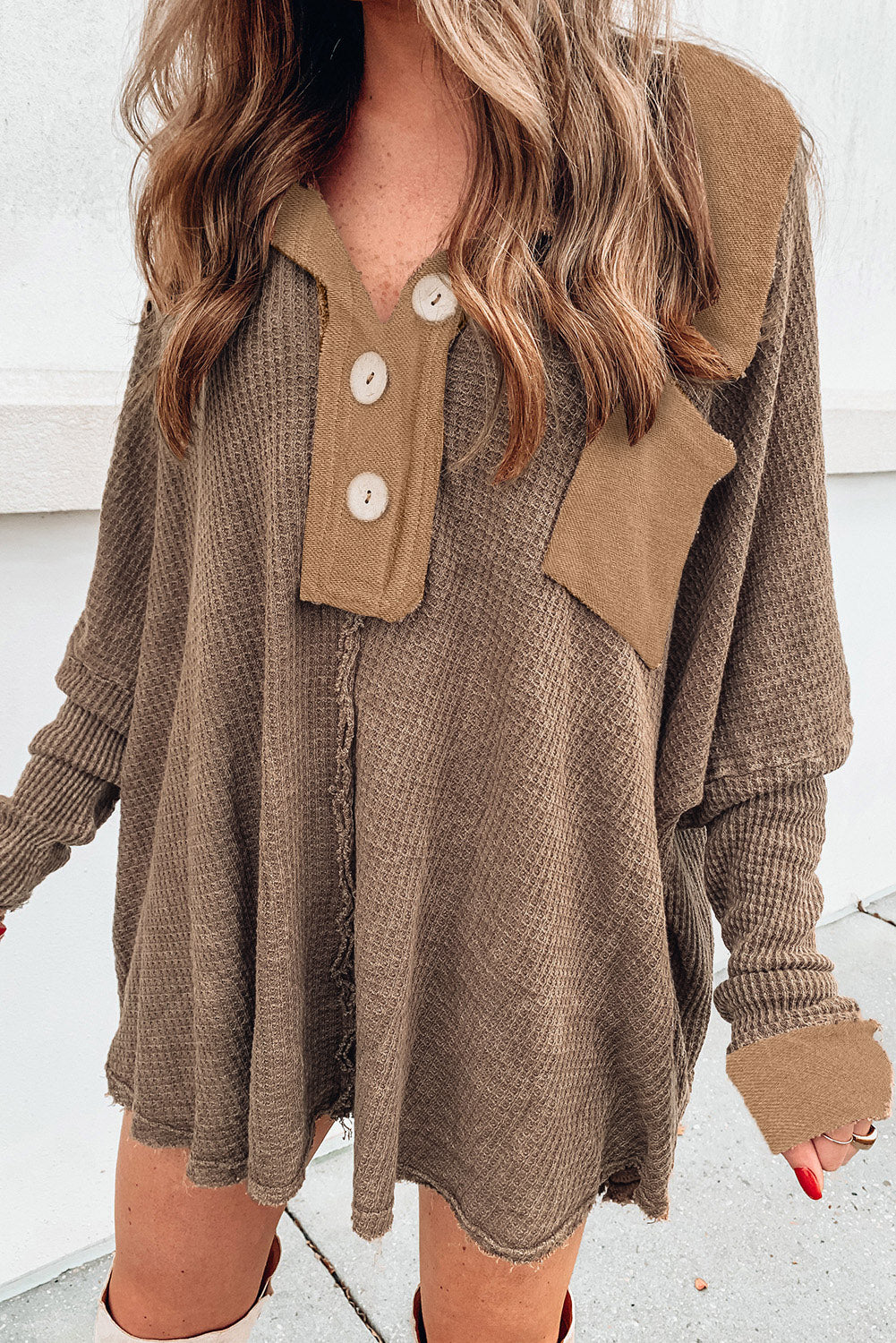 Brown Waffle Knit Buttoned Top