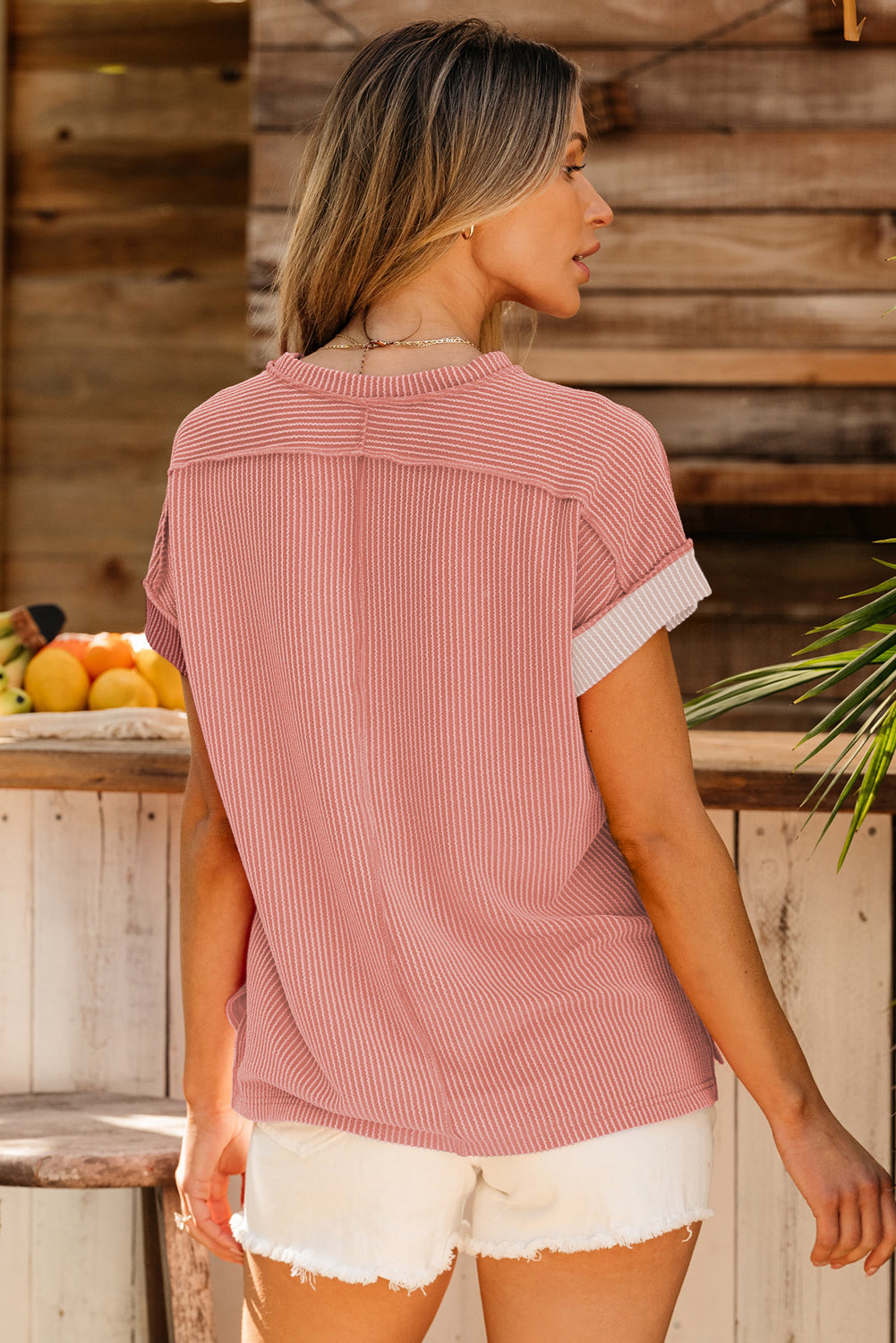 Apricot Pink Textured Colorblock Top