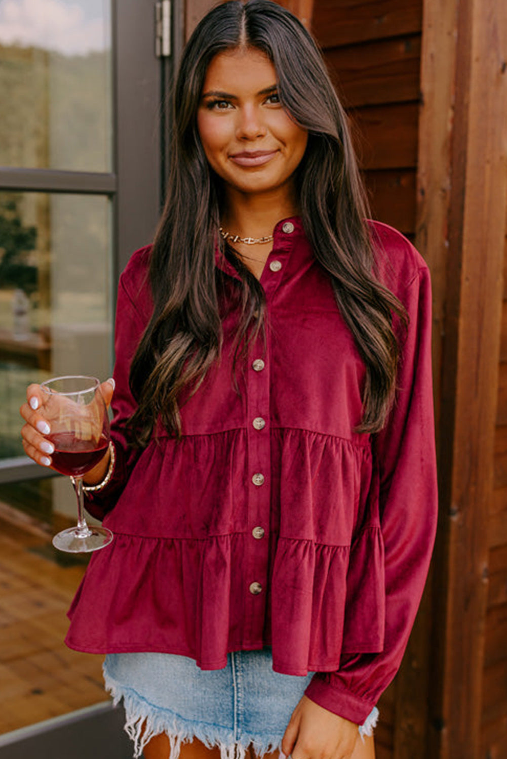 Burgundy Corduroy Ruffle Top