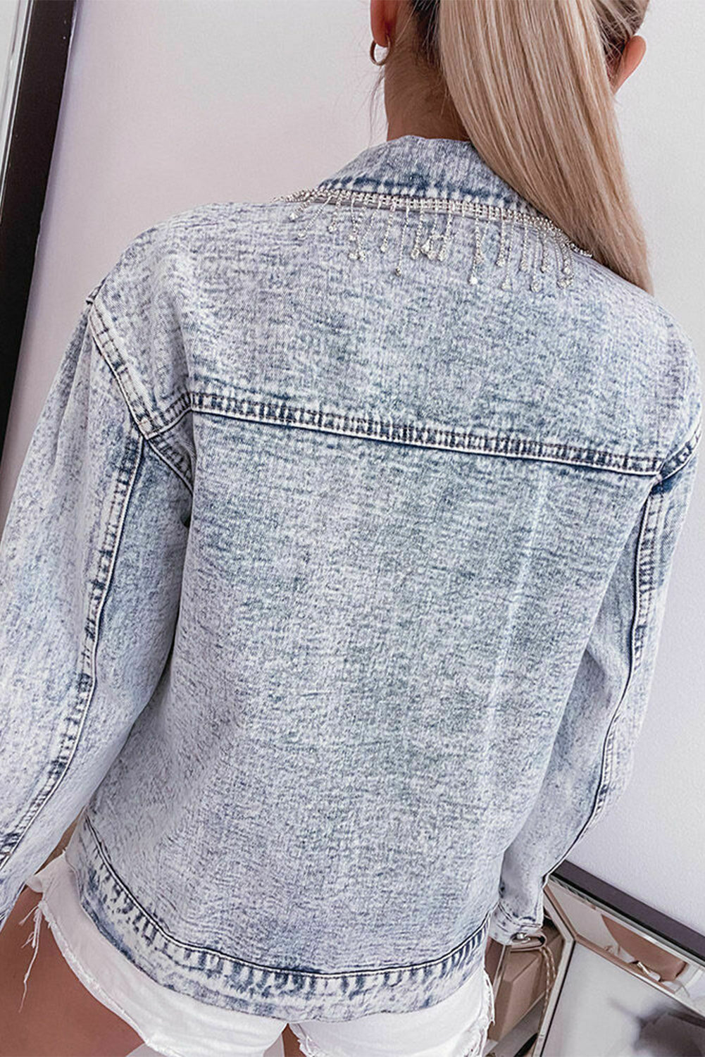 Mist Blue Retro Rhinestone Fringed Light Wash Denim Jacket