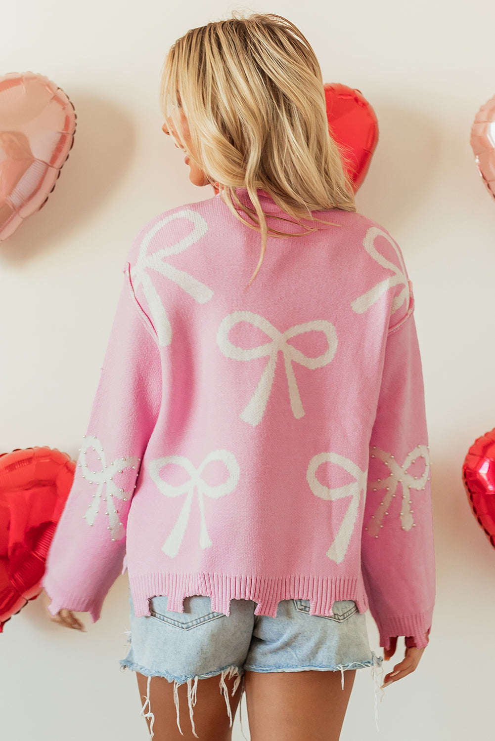 Pink Pearl Beaded Bow Sweater