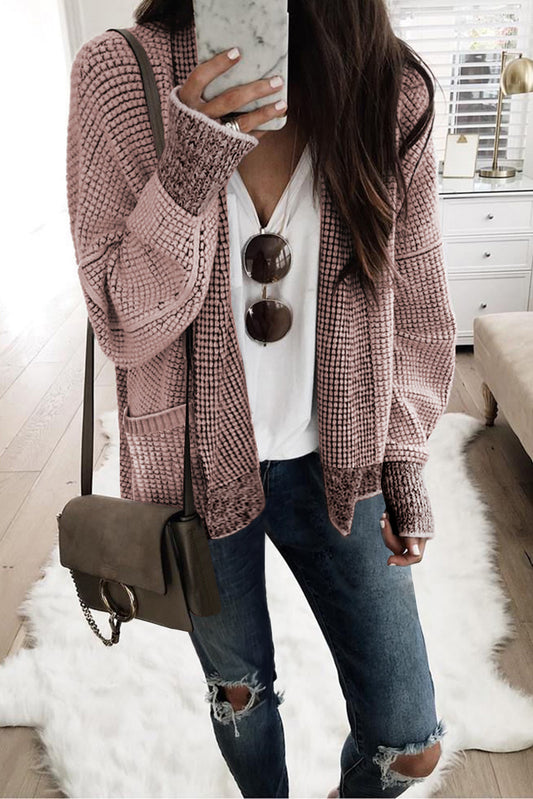 Pink Chunky Waffle Knit Oversized Cardigan