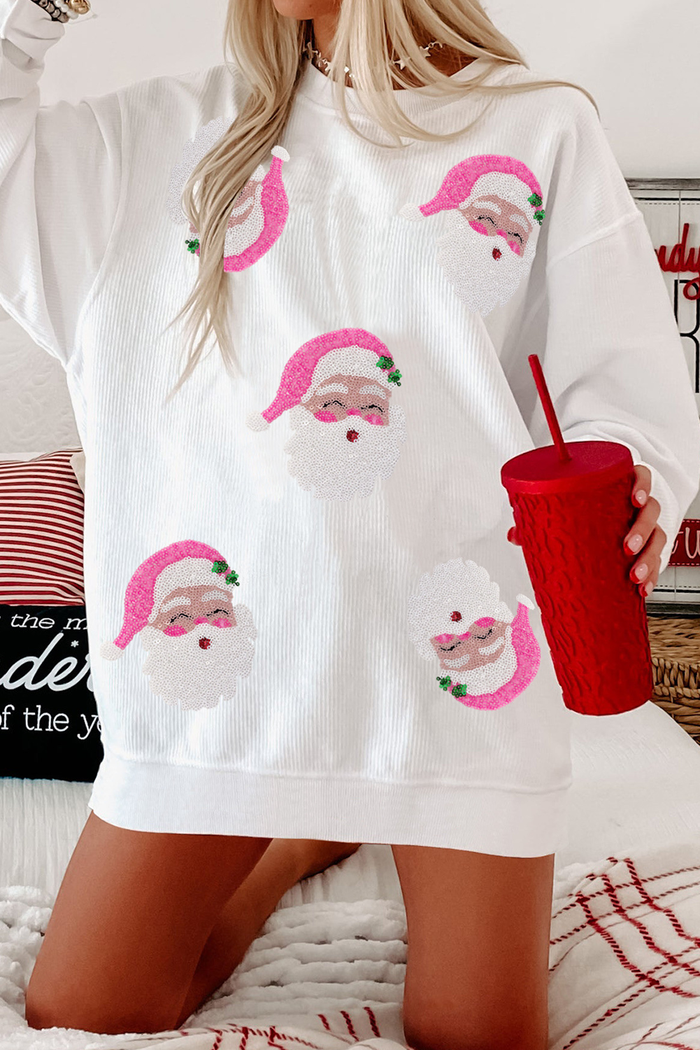 White Ribbed Sequin Santa Top