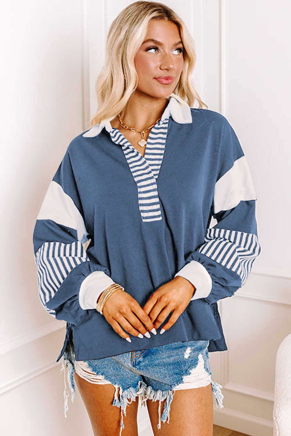 Sail Blue Striped Colorblock Sweatshirt