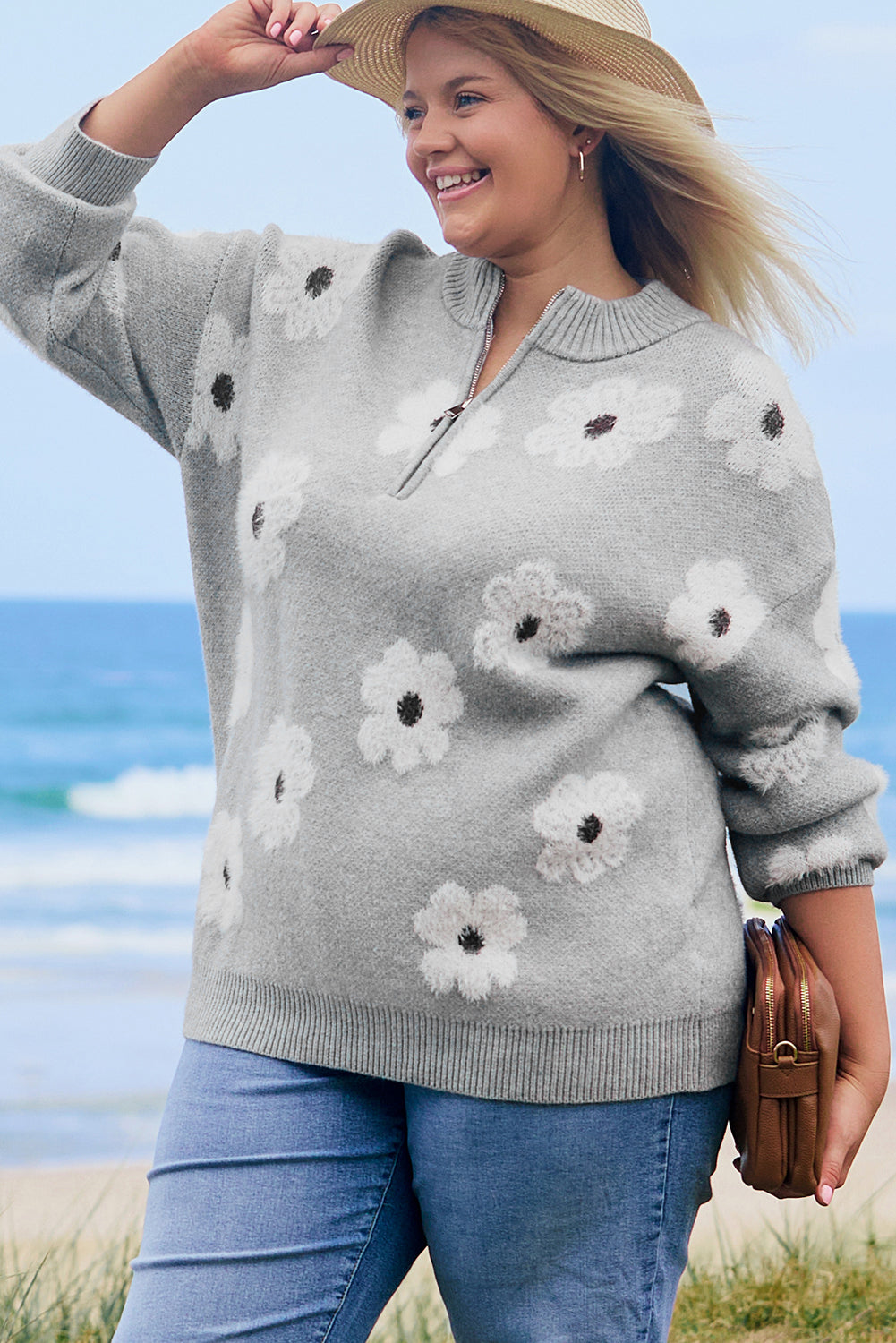 Gray Floral Plus Size Half Zip Sweater