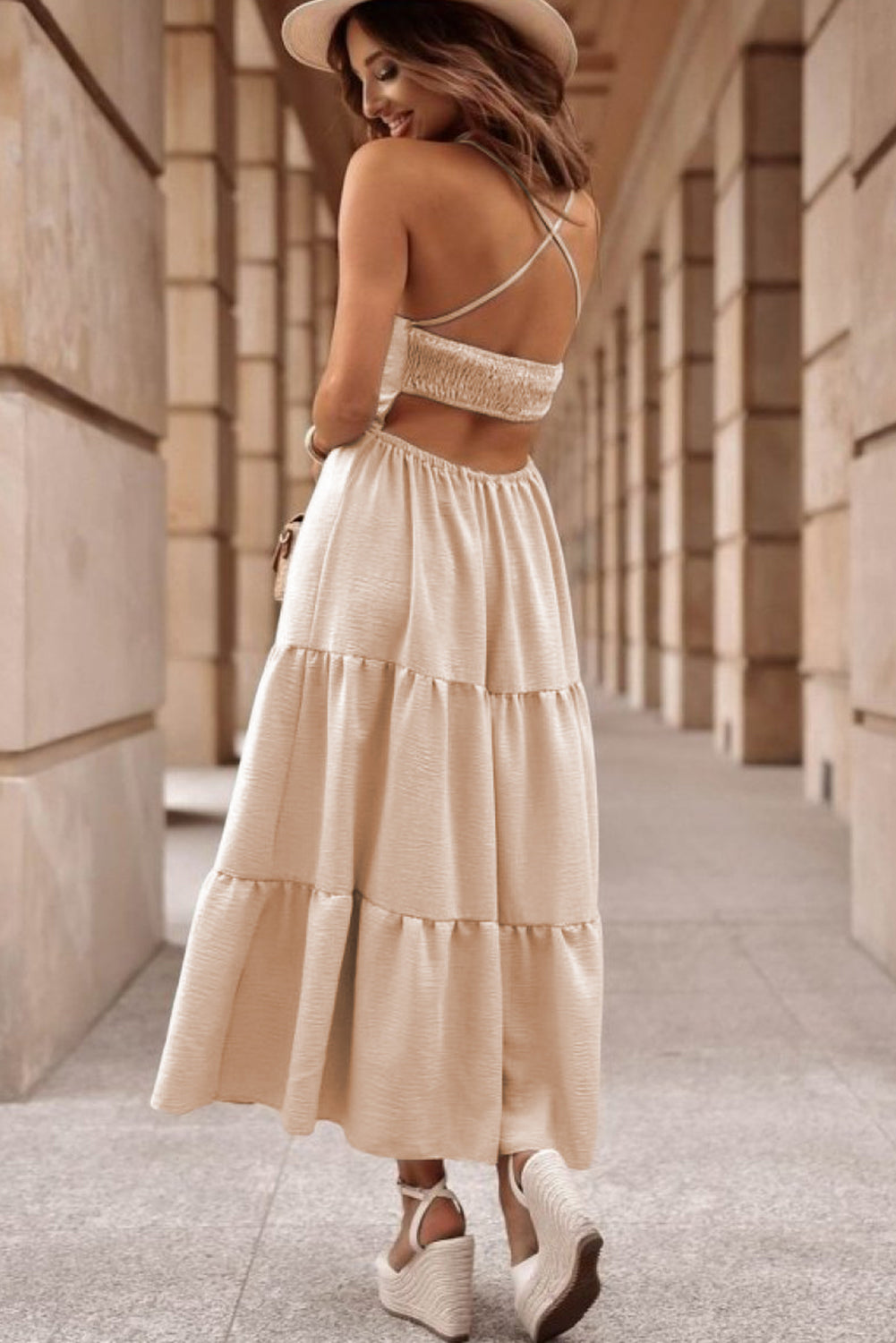 Oatmeal Crossover Backless Maxi Dress