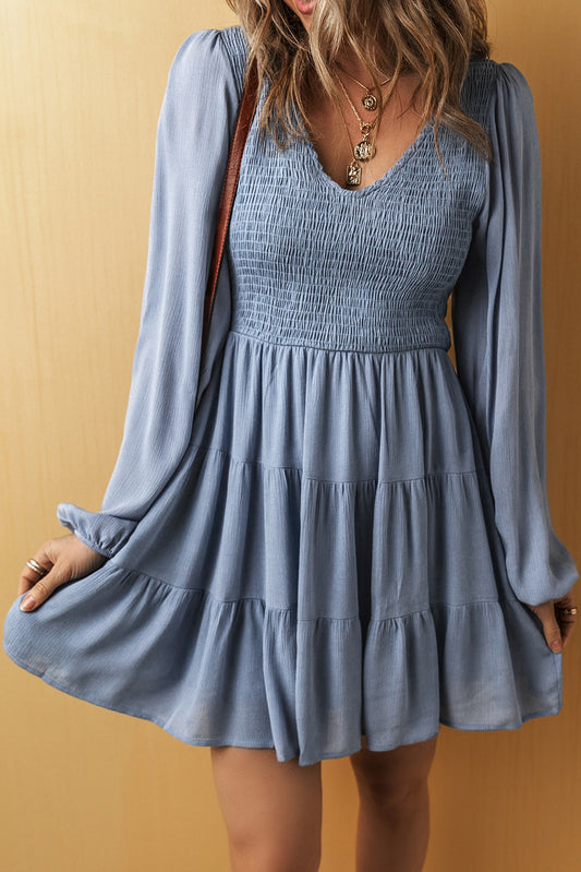 Blue Long Sleeve Tiered Mini Dress