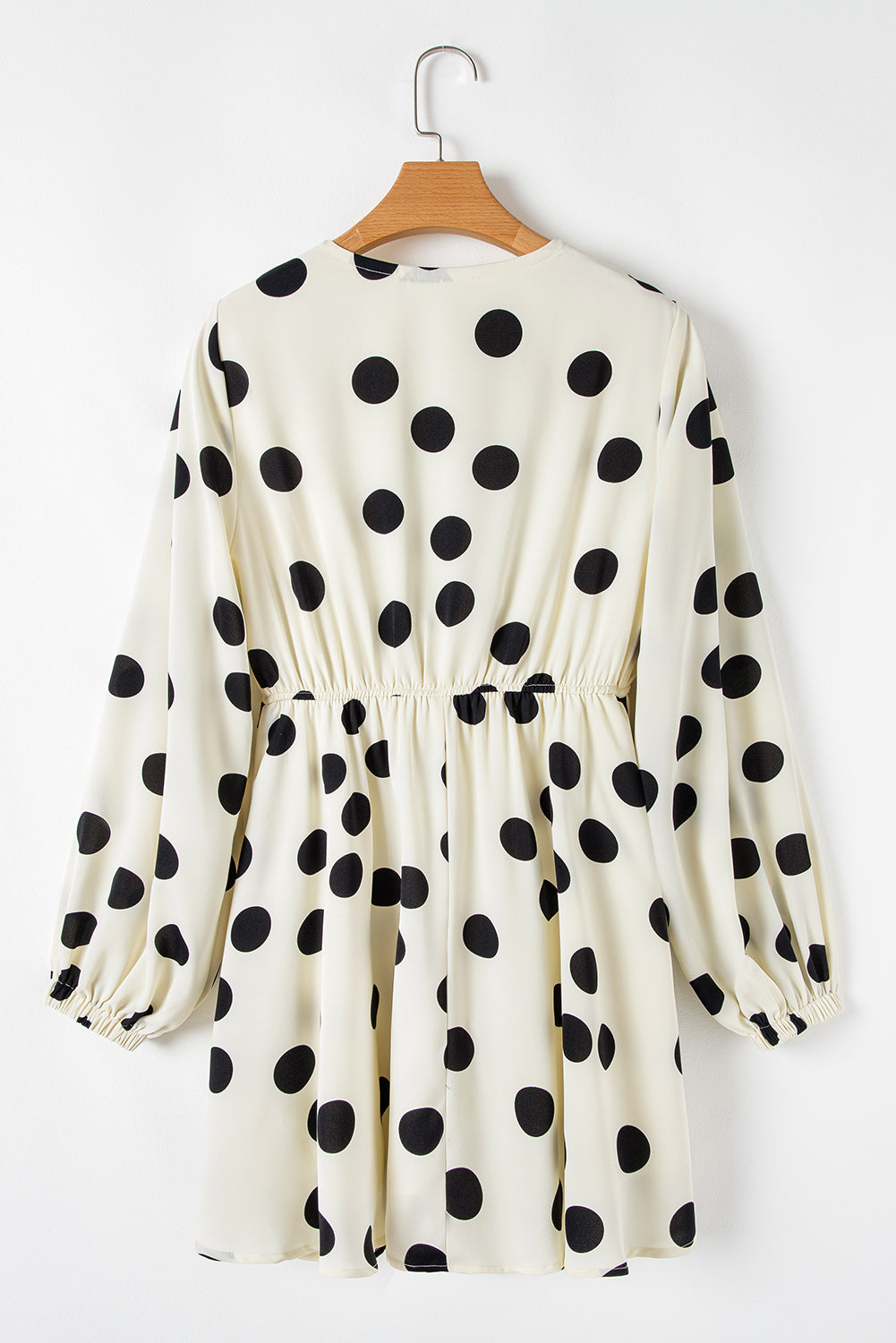 Beige Polka Dot Printed Surplice V Neck Puff Sleeve Mini Dress