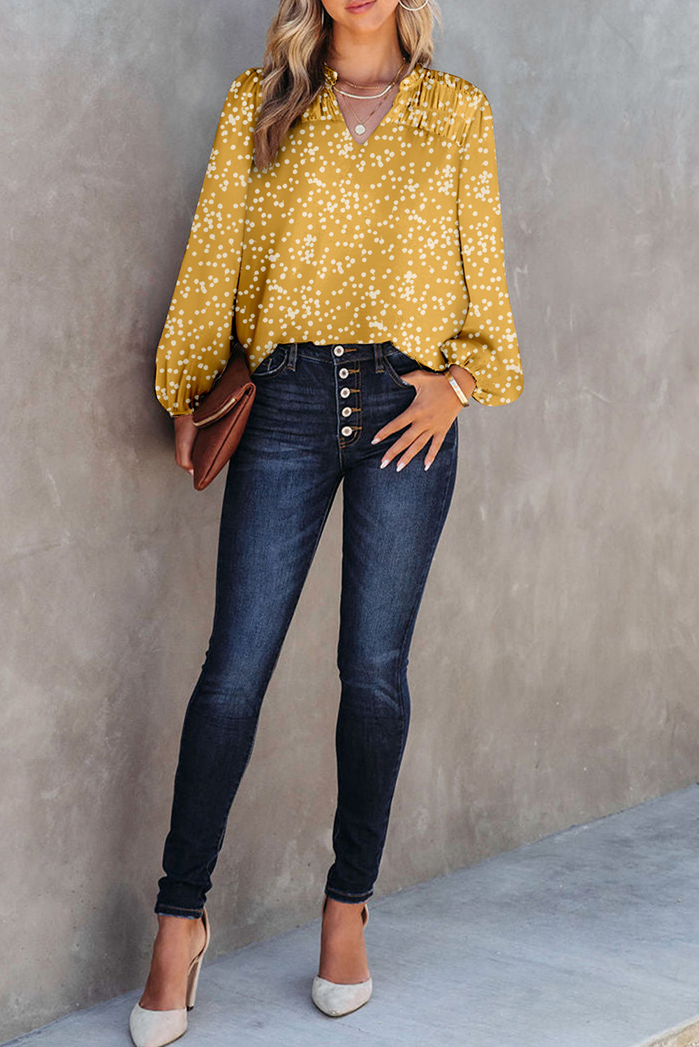 Yellow Split Neck Fall Printed Crinkled Blouse