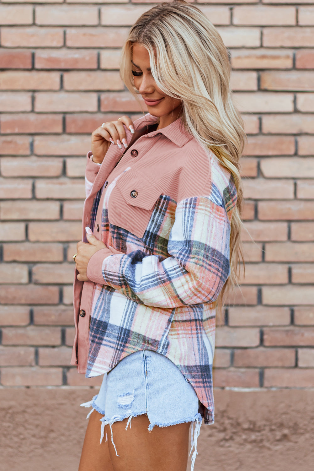 Light Pink Plaid Corduroy Shacket