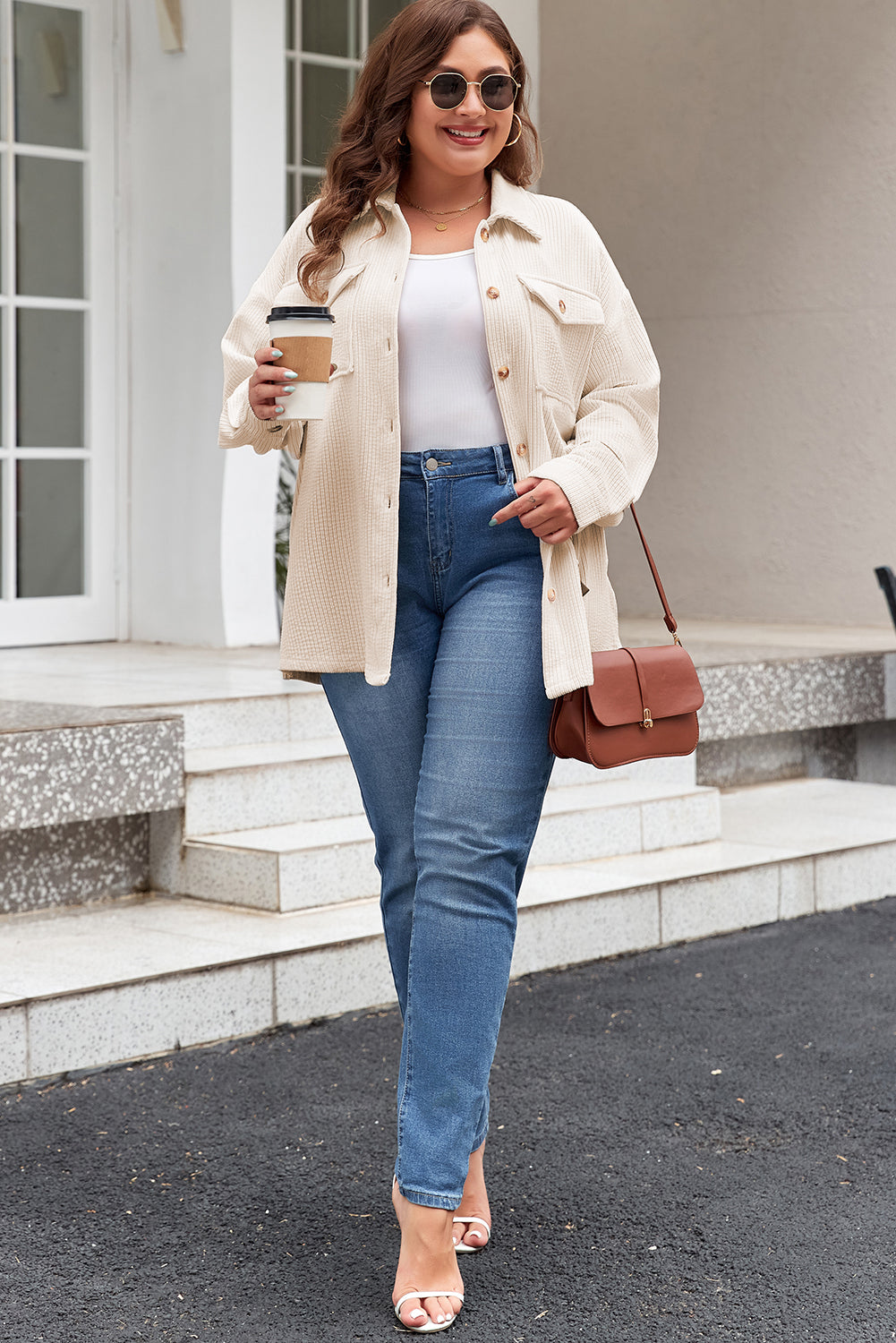 Oatmeal Textured Flap Pockets Buttoned Plus Size Shacket