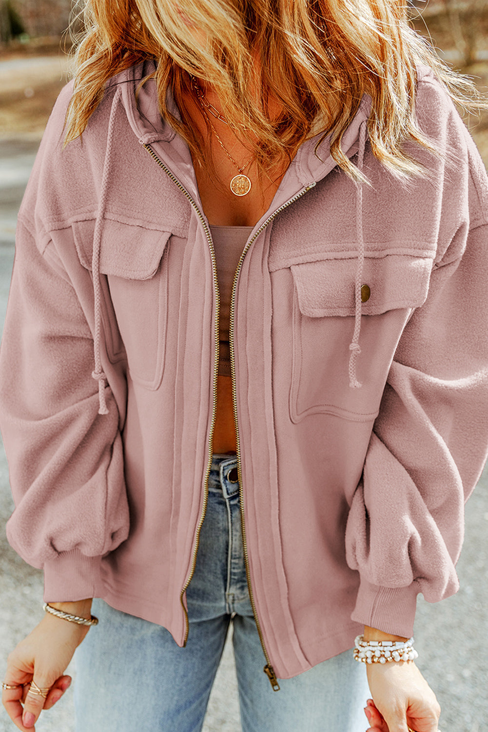 Pale Pink Hood Zip Up Jacket