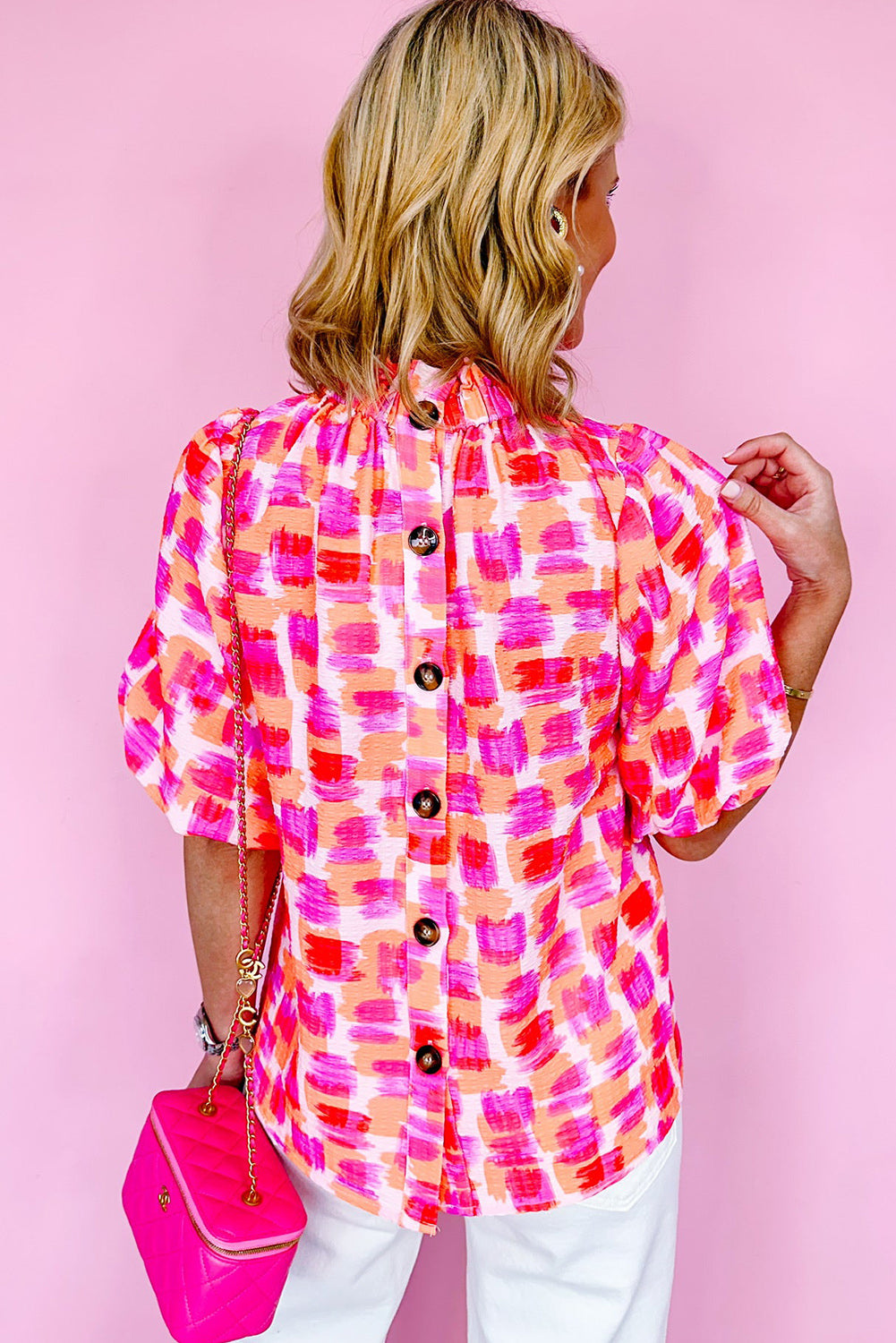 Pink Abstract Button Back Top