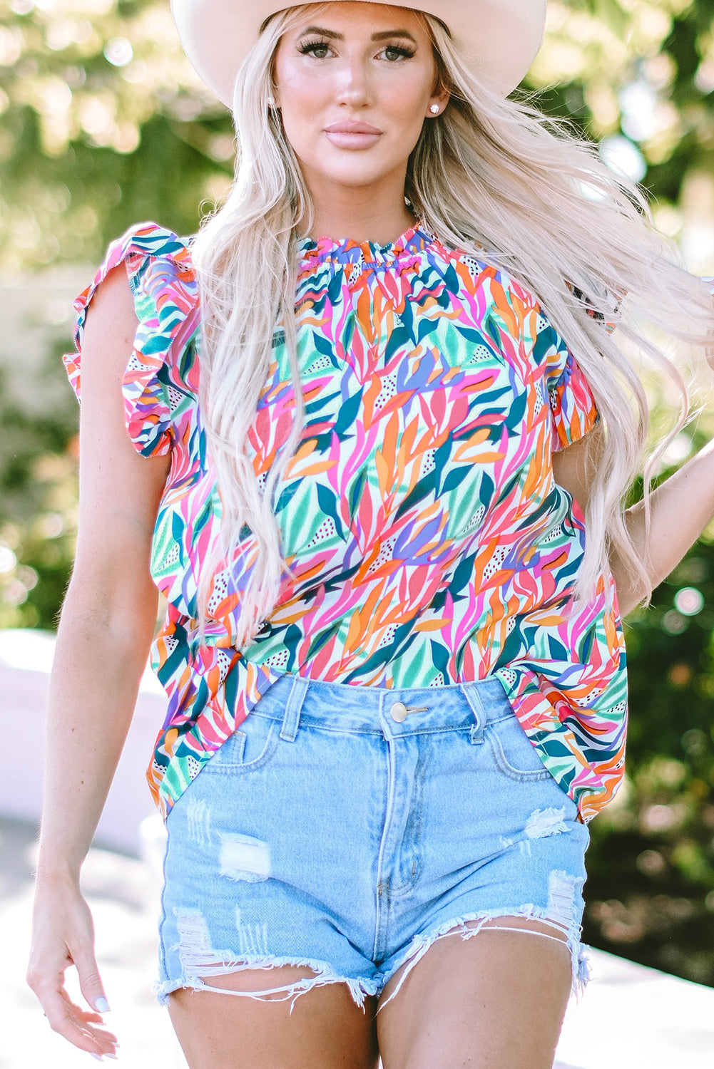 Rose Red Print Ruffled Sleeve Top