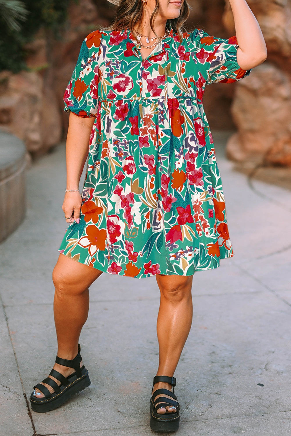 Plus Size Turquoise Floral Babydoll Dress