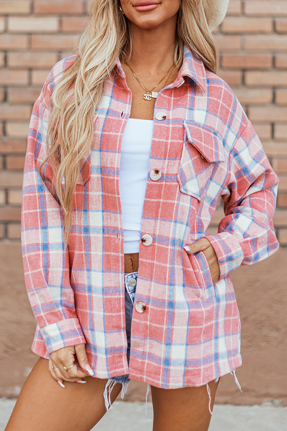 Pink Plaid Button Up Shacket