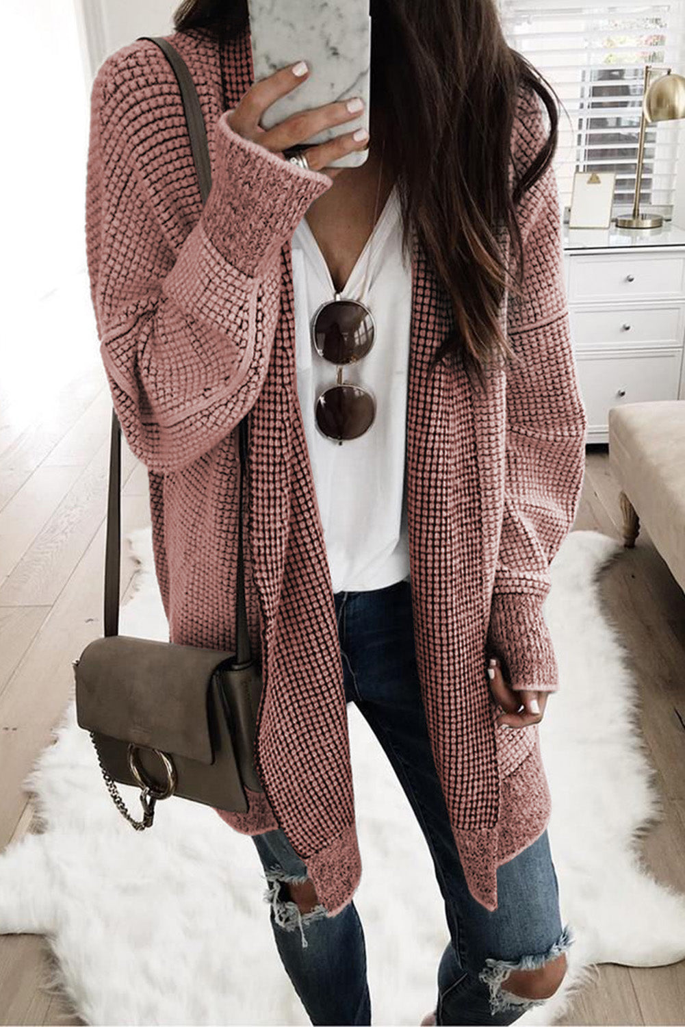 Pink Plaid Knitted Long Cardigan