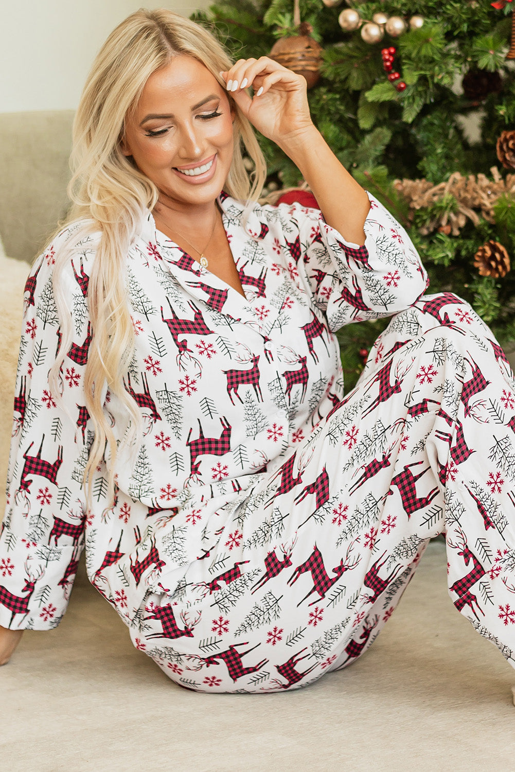 Plaid Reindeer Printed Pajamas