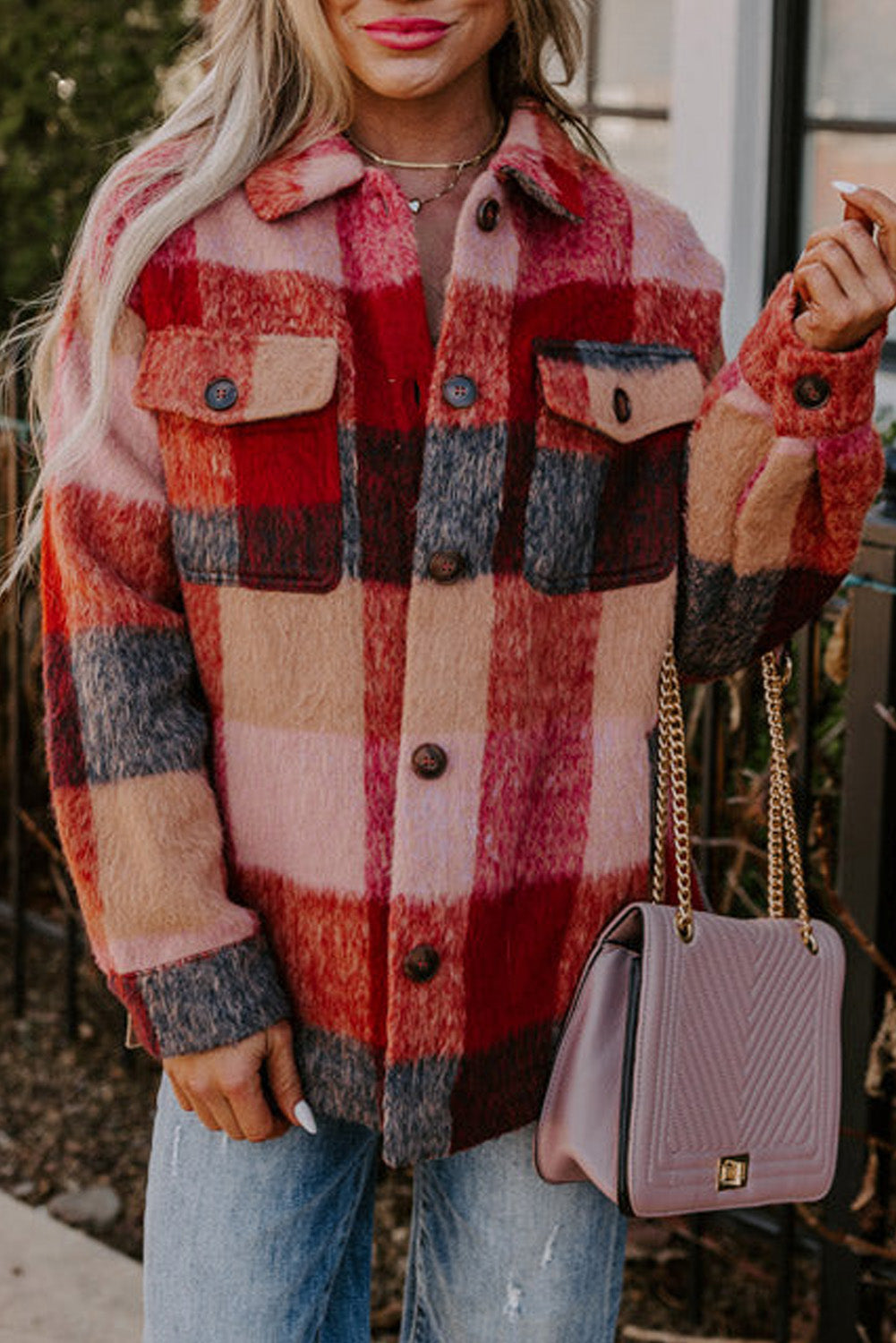 Orange Plaid Buttoned Casual Plus Size Jacket