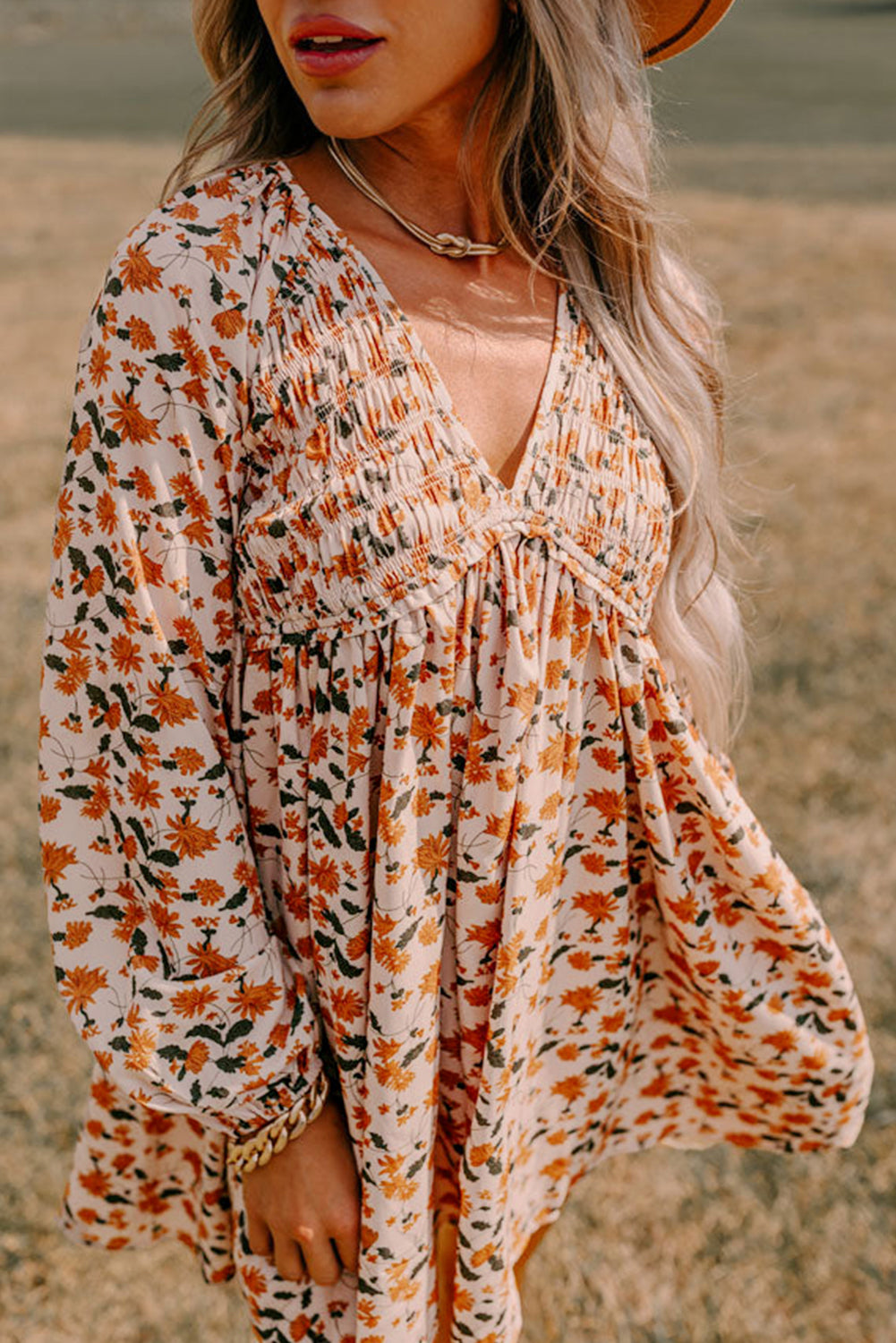 Beige Floral Babydoll Dress